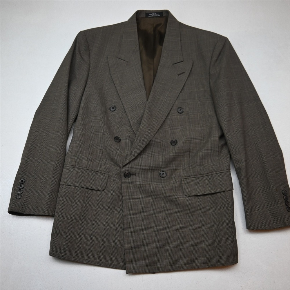 Vtg Double Breasted 38S Brown Glenn Check Wool Mens Blazer Jacket Sport Coat